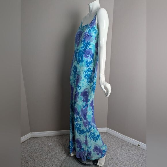 Vintage 90s Floral Maxi Dress Women’s Blue  Purple Beaded Bias Cut 10/12 - Picture 6 of 12